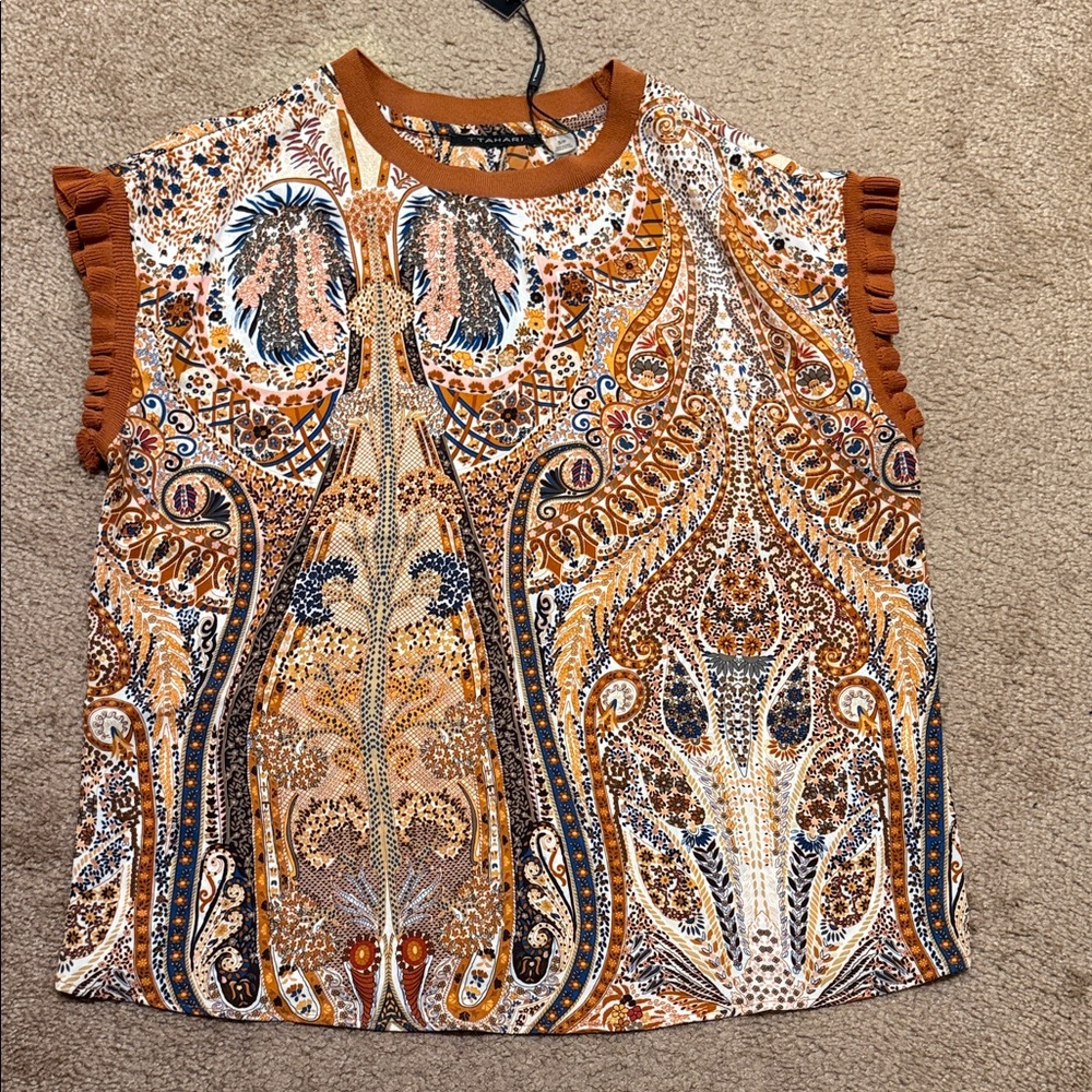 T Tahari Ornate Paisley Blouse - Orange and Brown